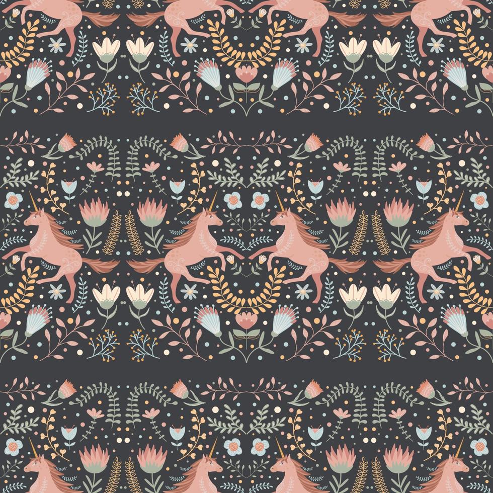 Seamless pattern with unicorns and floral motifs in folk art style vector