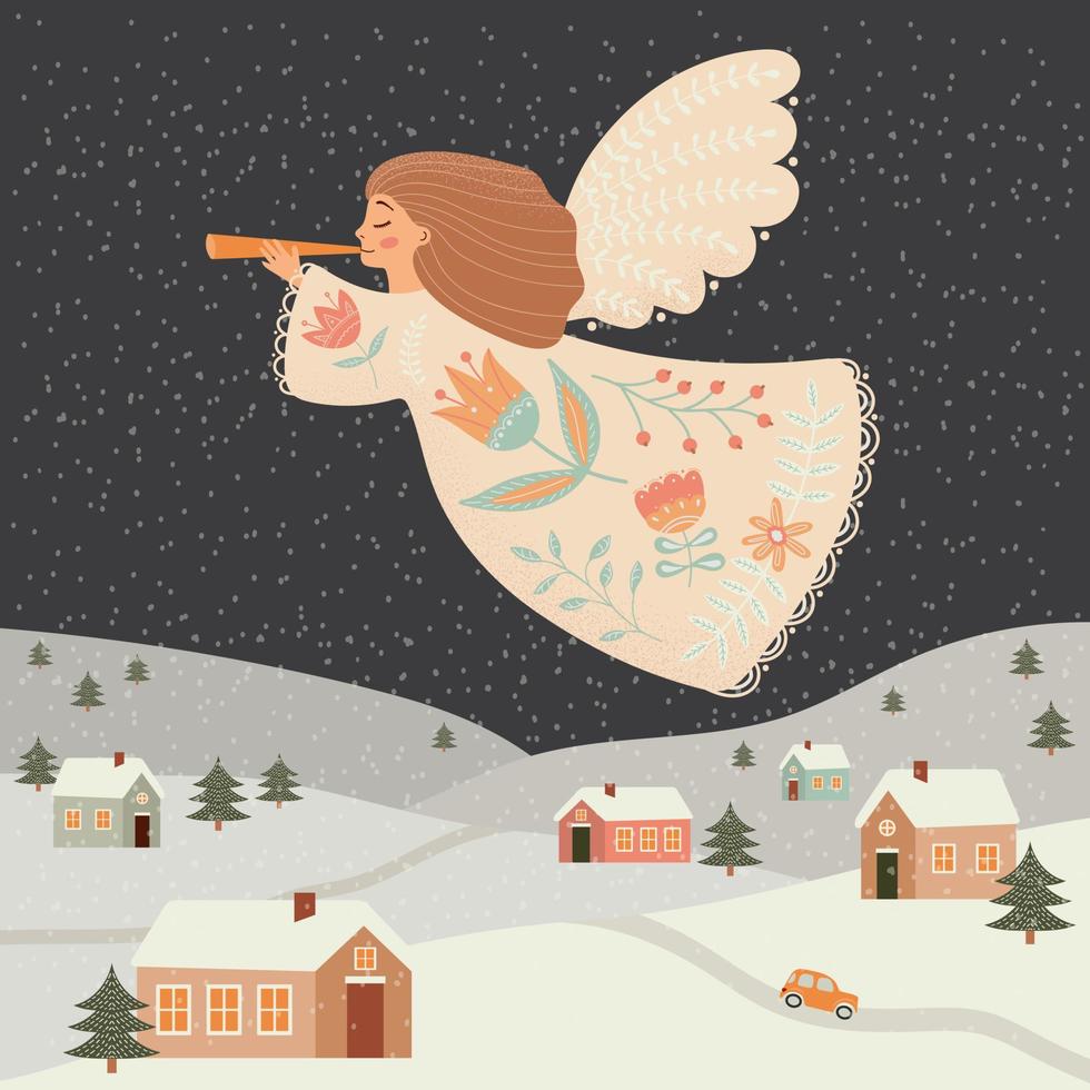 Christmas angel with a trumpet over the night city. Christmas greeting card in folk style. vector