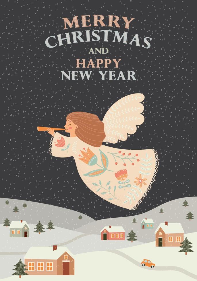 Merry Christmas and Happy New Year, greeting card, with christmas angel. vector