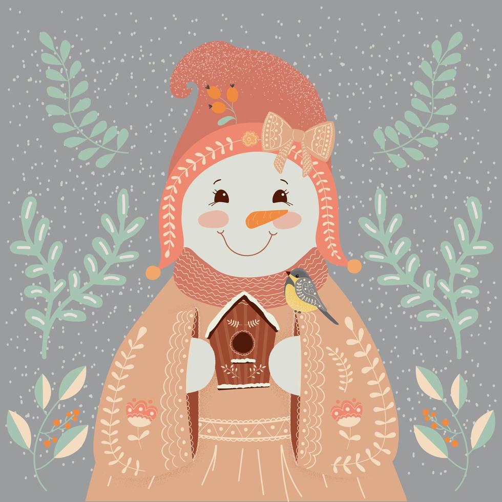 Snowman girl in folk style. Christmas illustration, greeting card. vector