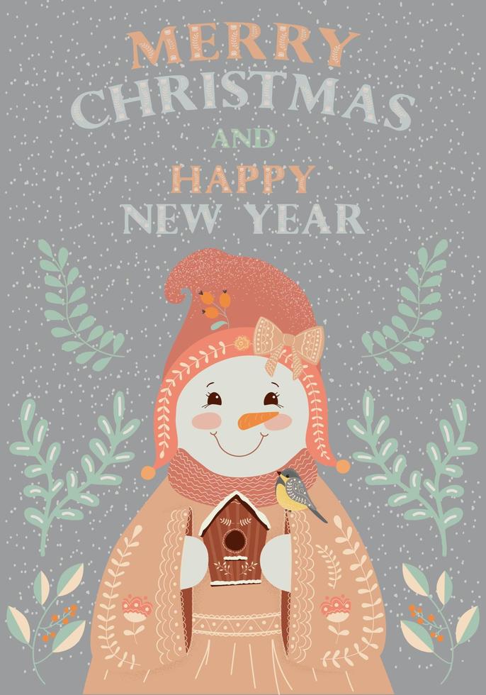 feliz navidad y próspero año nuevo, tarjeta de felicitación, con muñeco de nieve en estilo popular. vector