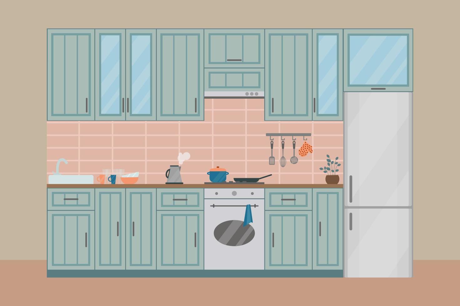 Cozy kitchen interior, flat vector illustration. Refrigerator, furniture, oven, flowerpot, kettle, dish towel, crockery.