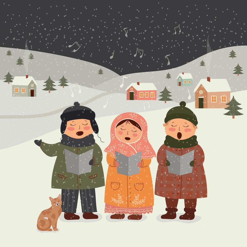 Children sing a Christmas song, Christmas children's choir, on the background of the winter village. vector