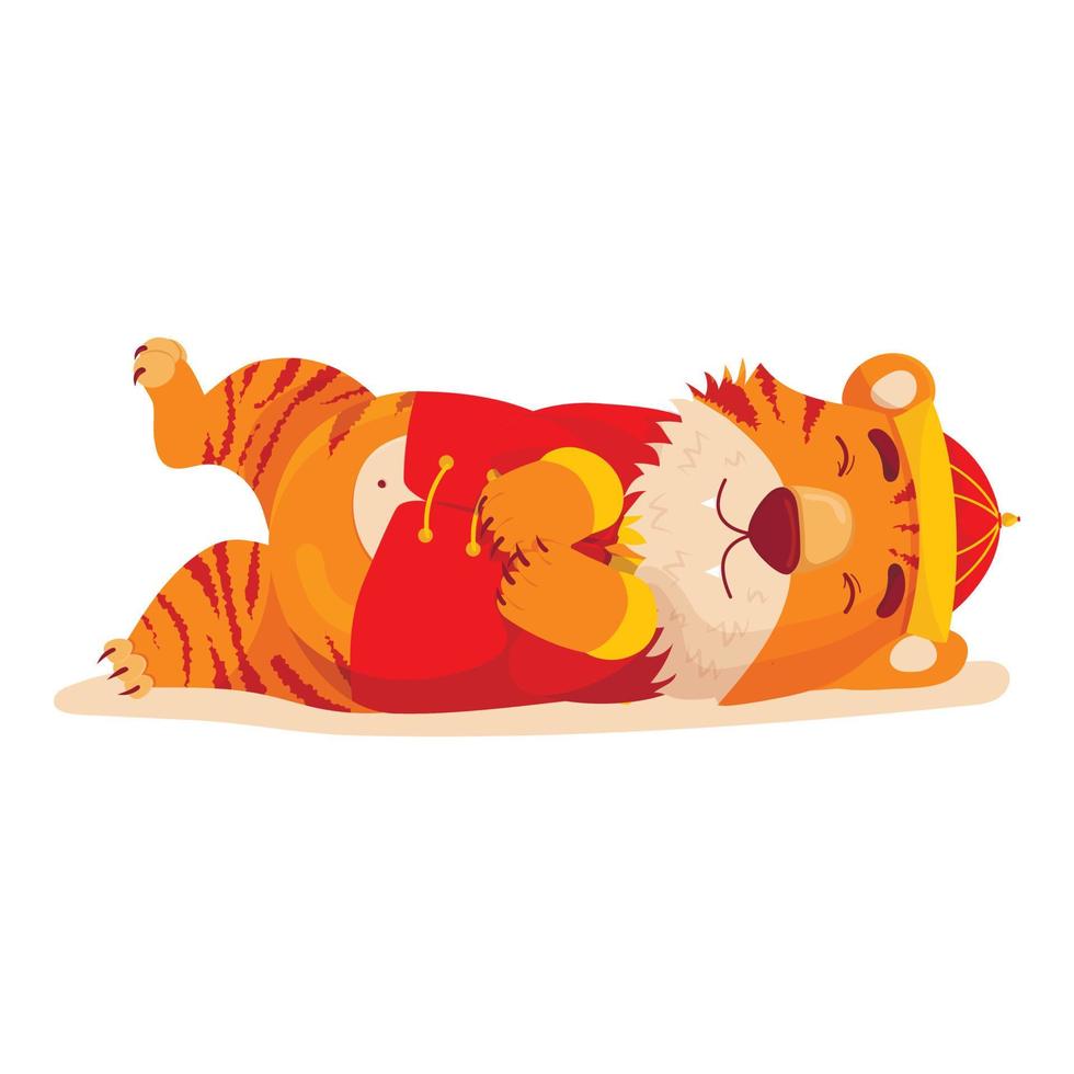 cute Chinese tiger in the national New Year's costume lies and sleeps. Symbol 2022 vector