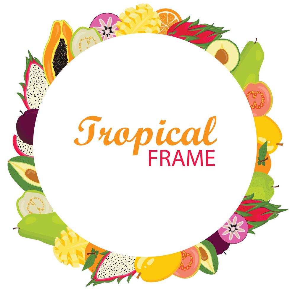 Tropical Hawaiian round frame with exotic fruits.Template design. vector