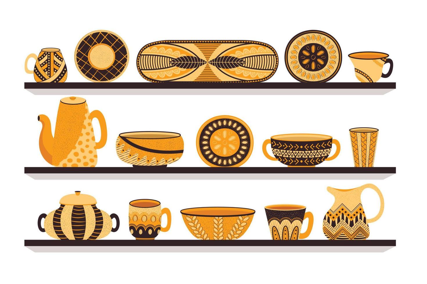 Kitchen shelves with orange-brown ceramic utensils. Scandinavian, boho pattern vector