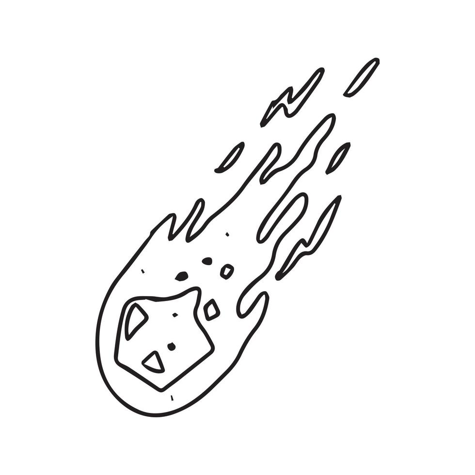 a falling comet illustration in uncolored outline. simple hand drawn drawing of a single space object. a doodle vector isolated on white for outer space theme design.