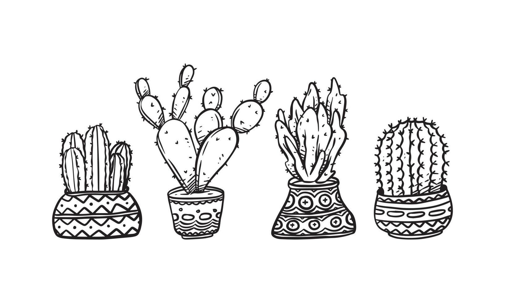 Conjunto de ilustración de vector dibujado a mano de planta en maceta, elementos gráficos aislados de plantas para el diseño, ilustración de planta de cactus para crear un diseño romántico o vintage