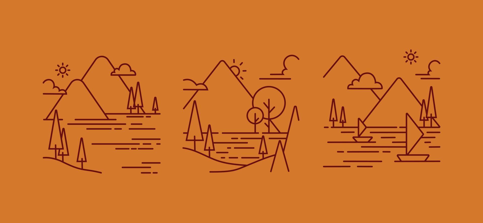 the landscape illustration in a simple monoline vector style on an orange. minimal drawing in creating a simple design.