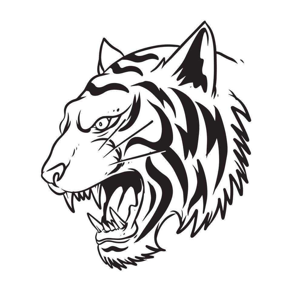 a menacing tiger face. a hand drawn illustration of a wild animal head. line art drawing for emblem, poster, sticker, tattoo, etc. vector