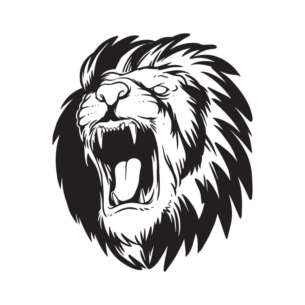 a roaring lion, the king of the jungle. a hand drawn illustration of a wild animal head. line art hand drawing for design. vector