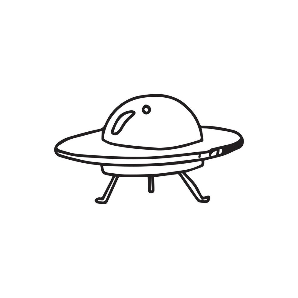 un ovni, una ilustración de objeto de una nave espacial en un contorno incoloro. dibujo simple dibujado a mano de un solo objeto espacial. un vector de doodle aislado en blanco para el diseño del tema del espacio exterior.