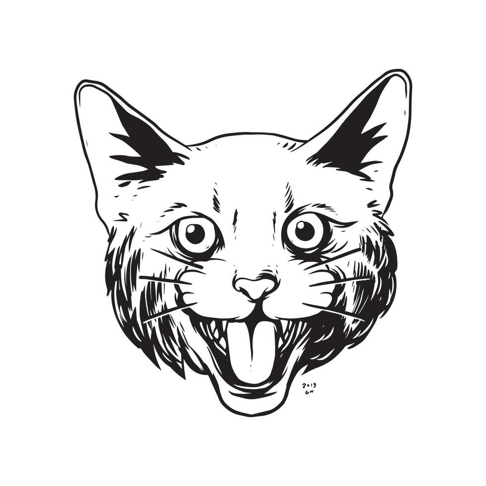 una ilustración de gato gruñendo. una ilustración dibujada a mano de una cabeza de animal salvaje. dibujo de arte lineal para emblema, póster, pegatina, tatuaje, etc. vector