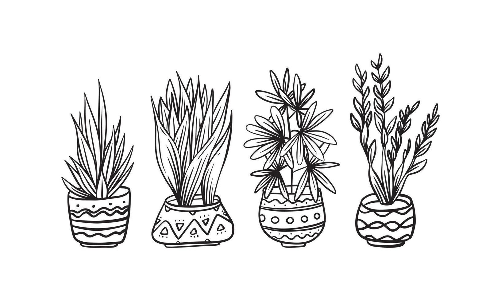 Conjunto de ilustración de vector dibujado a mano de planta en maceta, elementos gráficos aislados de plantas para el diseño, ilustración de plantas con hojas para crear un diseño romántico o vintage