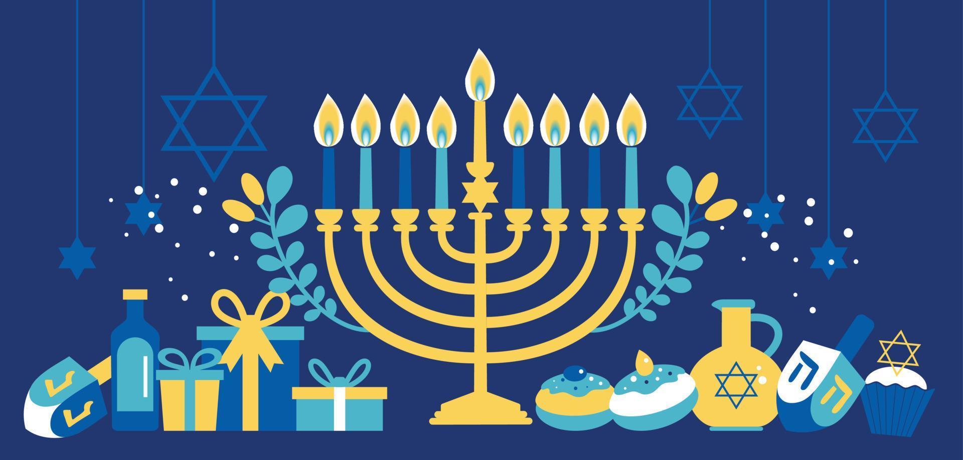 fiesta judía tarjeta de felicitación de hanukkah símbolo tradicional de janucá-candelas de menorá. Stad davud ilustración vectorial en azul vector