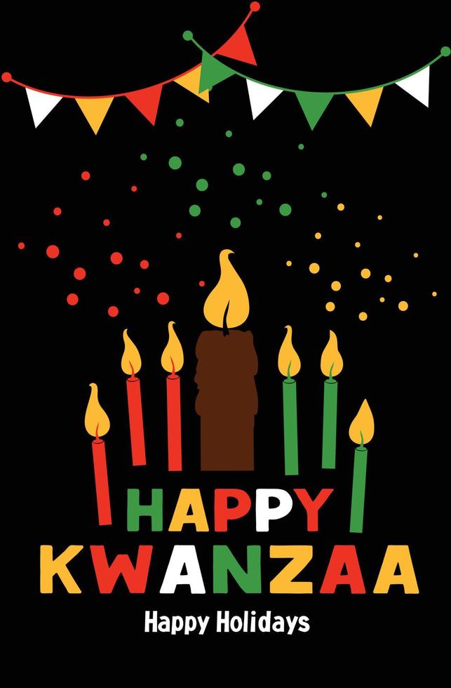 Happy Kwanzaa vector flat illustration on black dark background with confetti. African celebration cute design card.