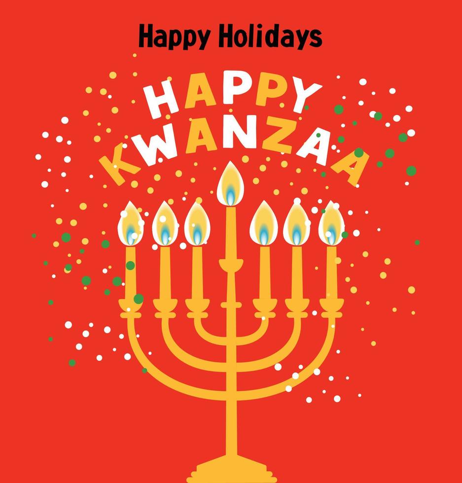 Happy Kwanzaa vector flat illustration on red background with confetti. African celebration cute design card.