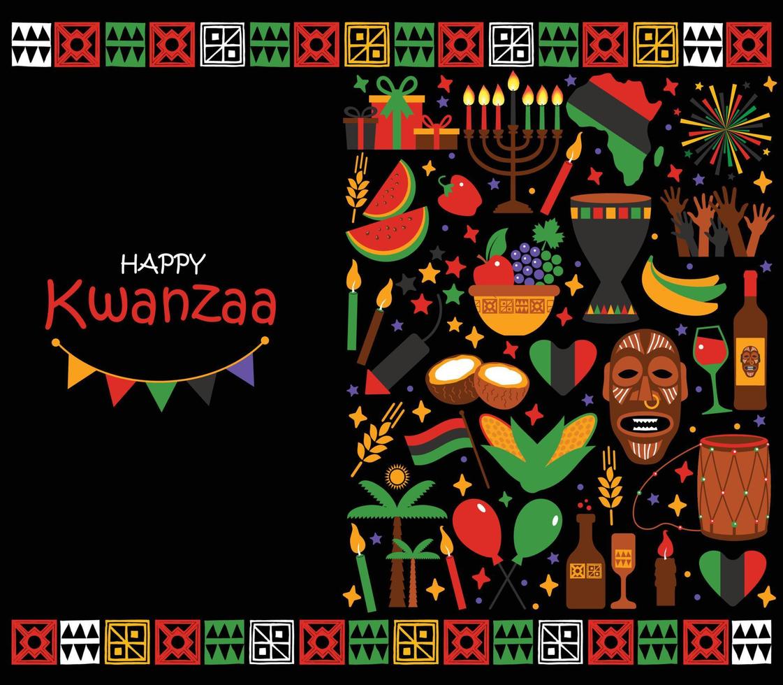 Vector card with collection of Happy Kwanzaa. Holiday symbols on black background. Vector illustration.