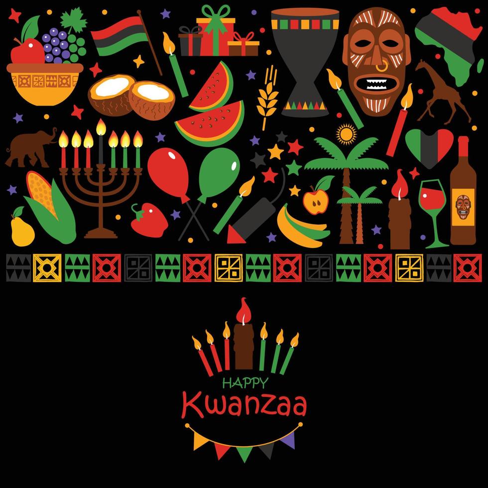 tarjeta de vector con colección de kwanzaa feliz. símbolos de vacaciones sobre fondo negro. ilustración vectorial.