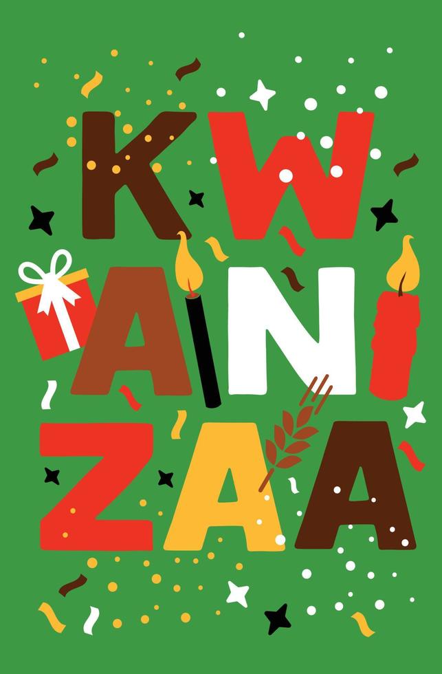 Vector illustration of Kwanzaa. Holiday african symbols with lettering on green background.