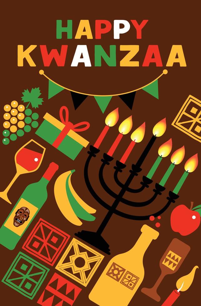 Vector illustration of Kwanzaa. Holiday african symbols with lettering on brown background.