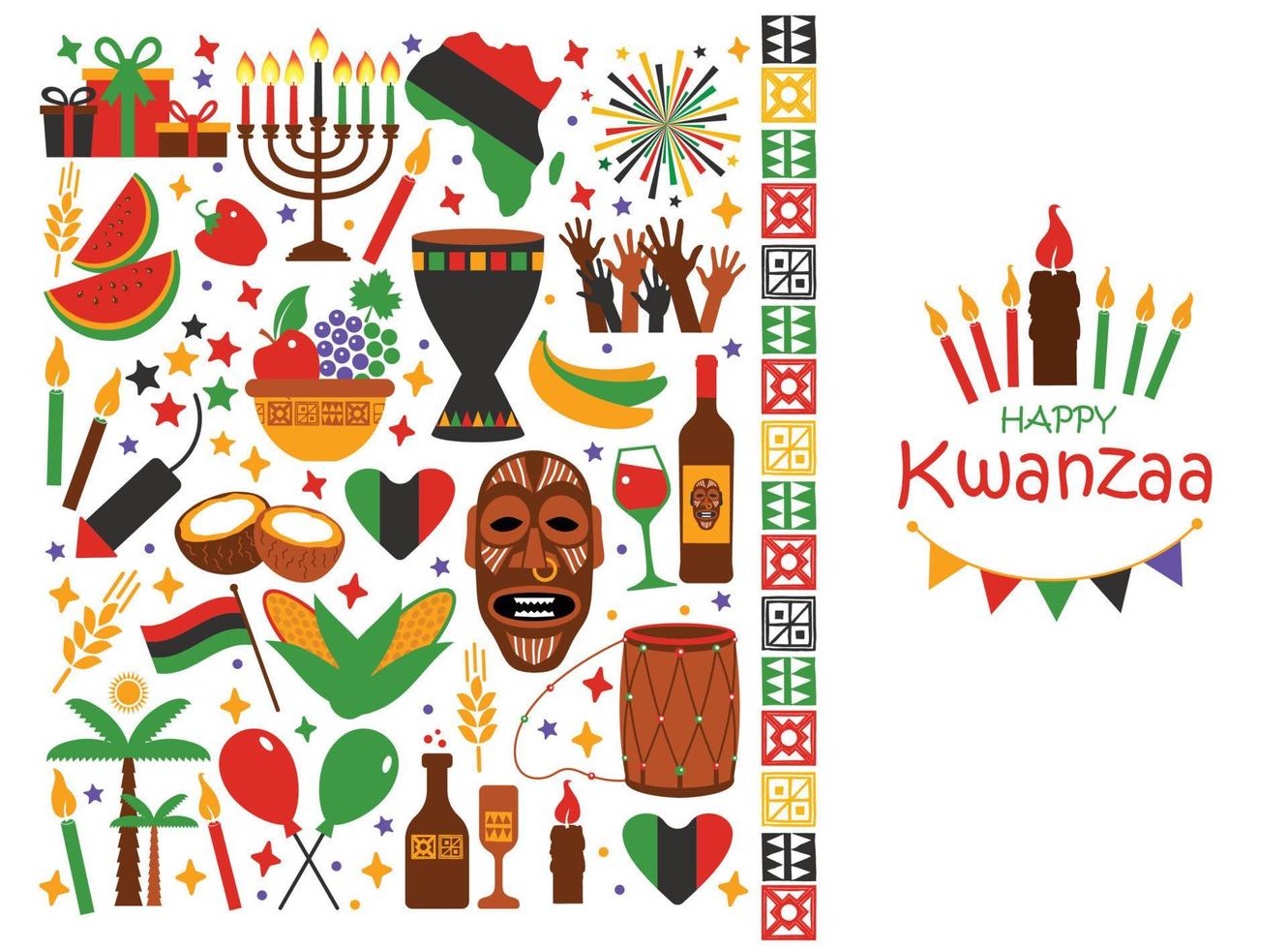 Vector illustration collection of Happy Kwanzaa. Holiday symbols on white background. Vector illustration.