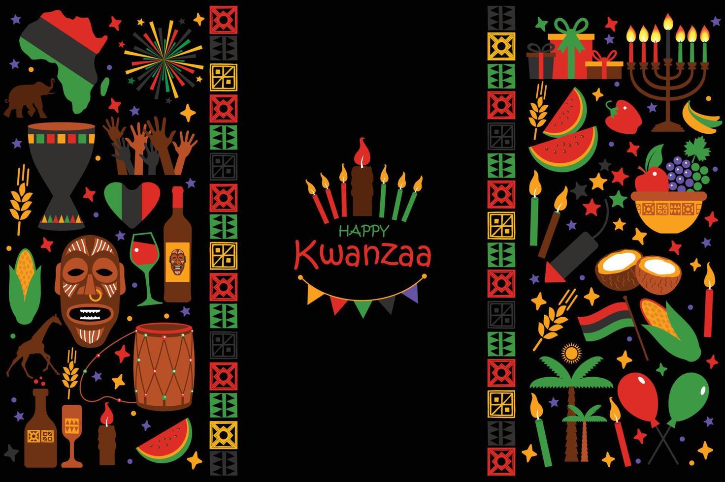 Vector card with collection of Happy Kwanzaa. Holiday symbols on black background. Vector illustration.