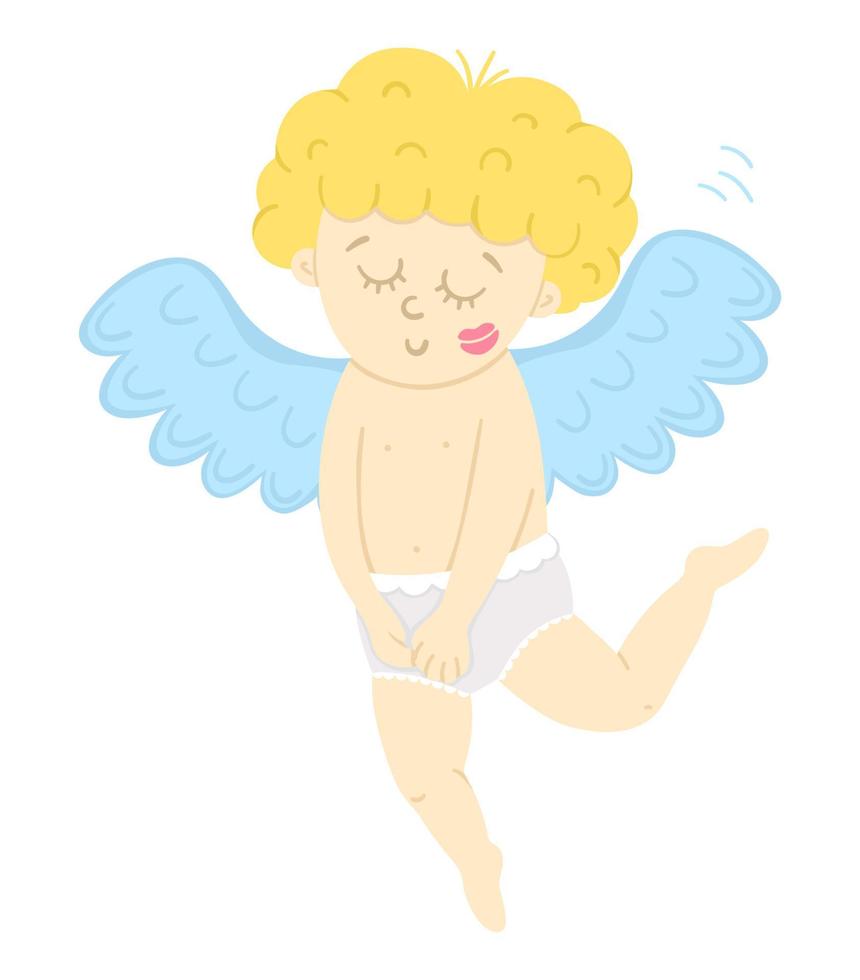 Vector cupid with trace of kiss on his cheek. Funny Valentines day character. Happy love angel with spread wings. Playful cherub icon isolated on white background.