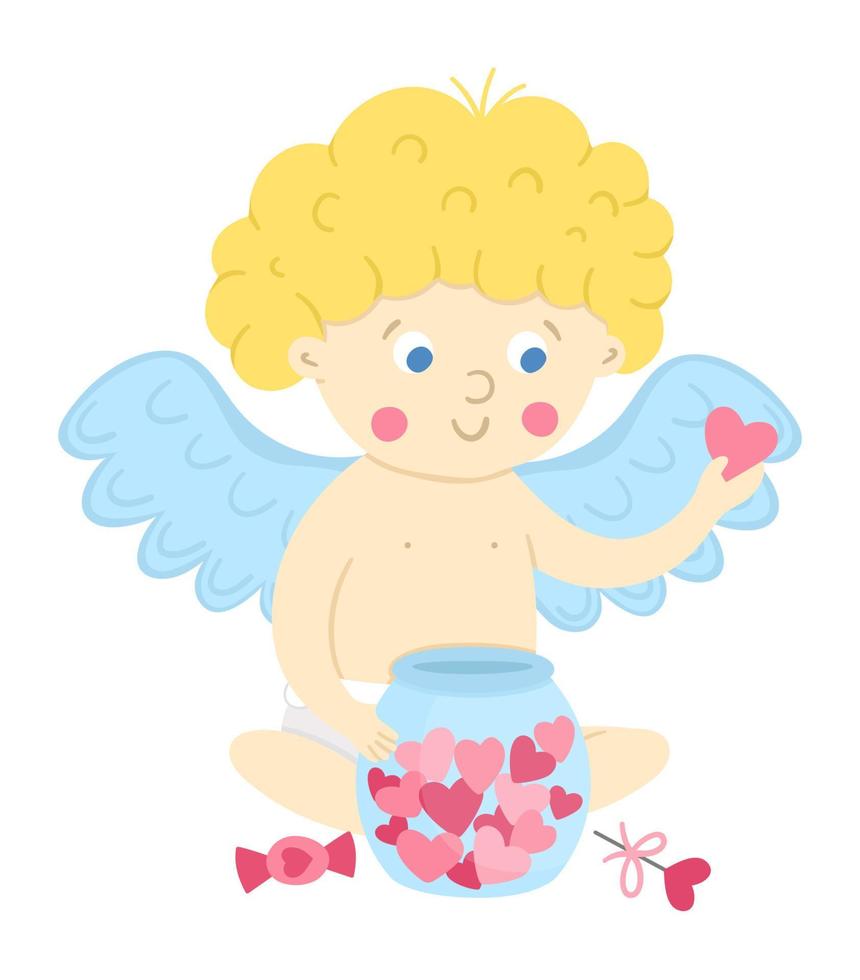 Cupido de vector con tarro de corazones. personaje divertido del día de san valentín. ángel de amor feliz con alas extendidas. icono de querubín juguetón aislado sobre fondo blanco.