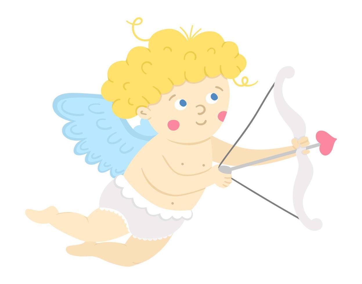 Cupido de vector disparando desde arco con flecha. personaje divertido del día de san valentín. ángel de amor volador con alas extendidas. icono de querubín juguetón aislado sobre fondo blanco.