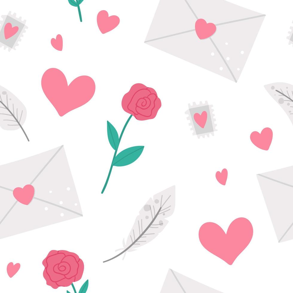 Vector seamless pattern with Saint Valentines day symbols. Repeating background with cute letter, rose, hearts, feathers. Playful February holiday texture with love concept