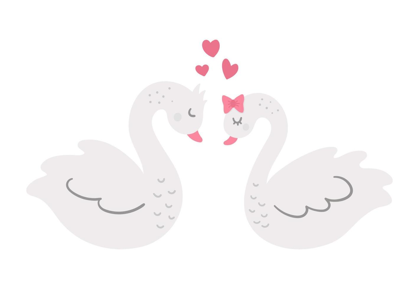 Vector cute swans pair. Loving couple illustration. Love relationship or family concept. Romantic birds isolated on white background. Funny Valentines day characters.