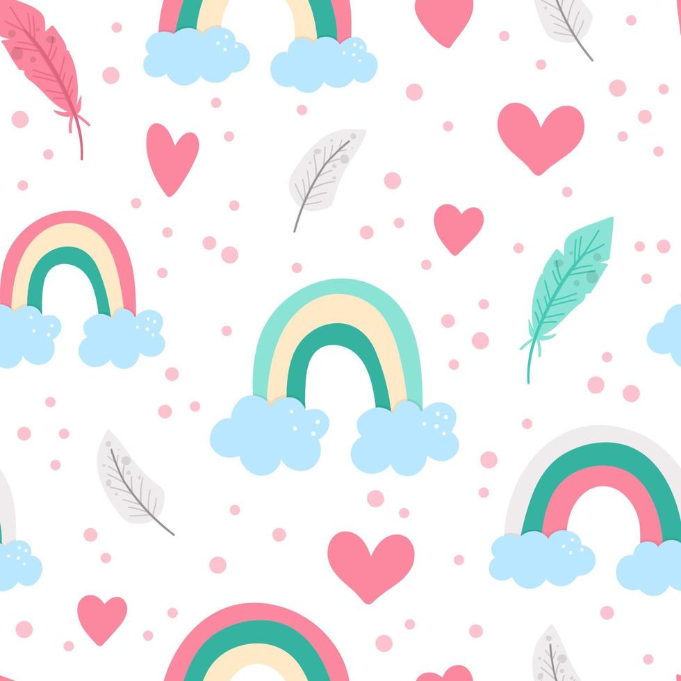 Vector seamless pattern with Saint Valentines day symbols. Repeating background with cute rainbows, hearts, feathers. Playful bohemian February holiday texture with love concept