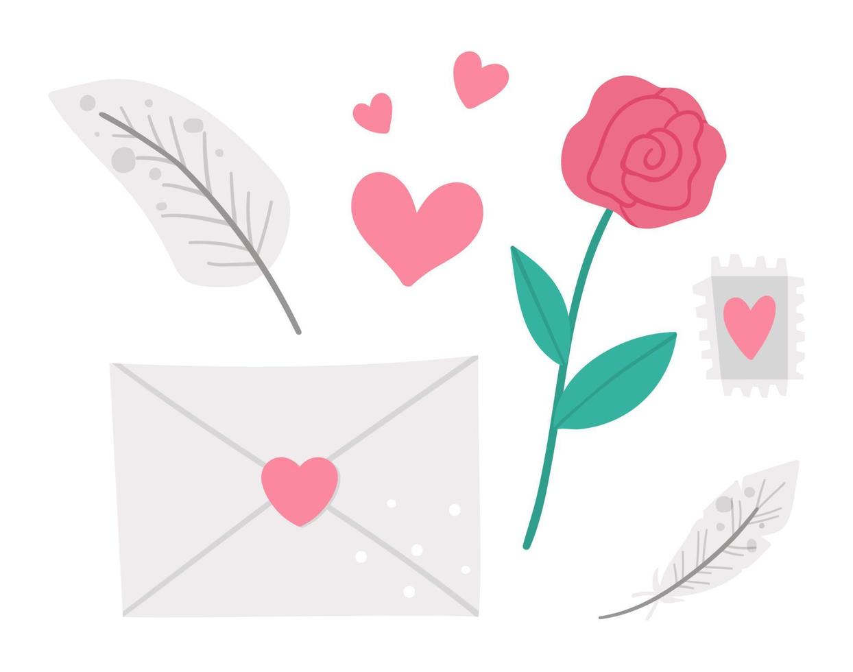 vector conjunto de símbolos del día de San Valentín. colección de objetos lindos con concepto de amor. carta, pluma, rosa y corazones aislados sobre fondo blanco. ilustración juguetona de las vacaciones de febrero