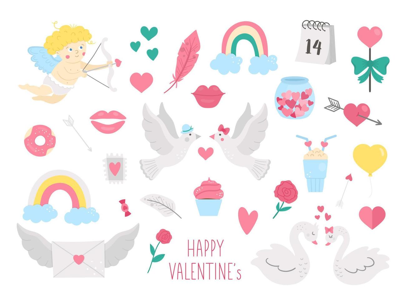 Vector set of Saint Valentines day symbols. Collection of cute characters and objects with love concept. Cupid, doves, hearts and swans isolated on white background. February holiday illustration