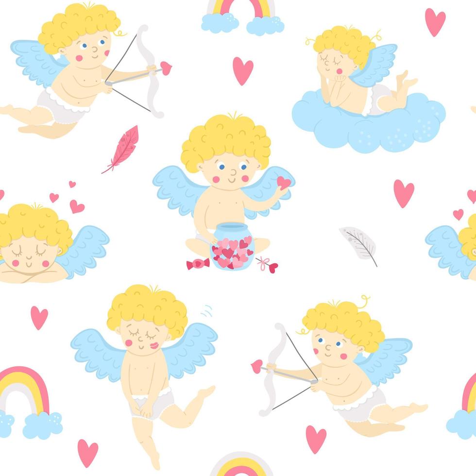 Vector seamless pattern with cute cupids. Repeating background with funny Valentines day characters. Digital paper with love concept. Playful texture with cherubs.