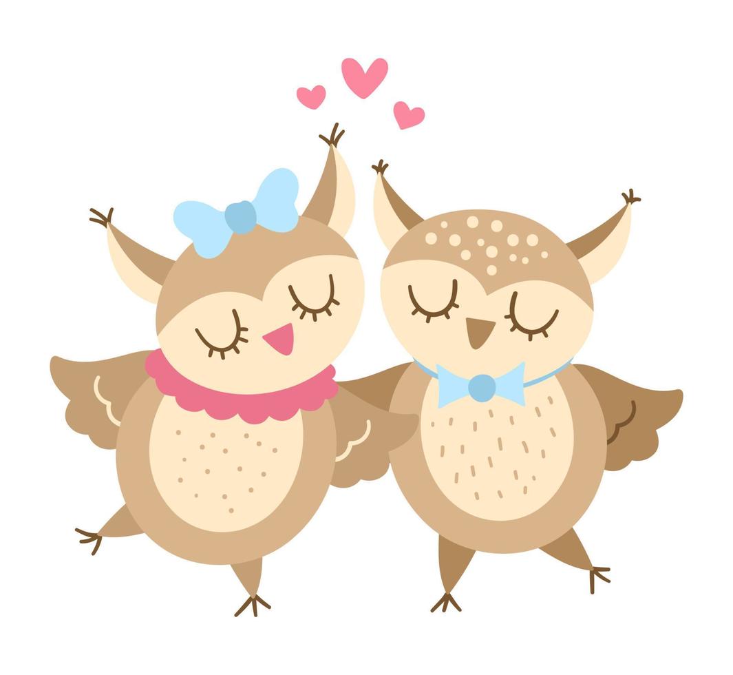 Vector cute owls pair. Loving couple illustration. Love relationship or family concept. Romantic birds isolated on white background. Funny Valentines day characters.