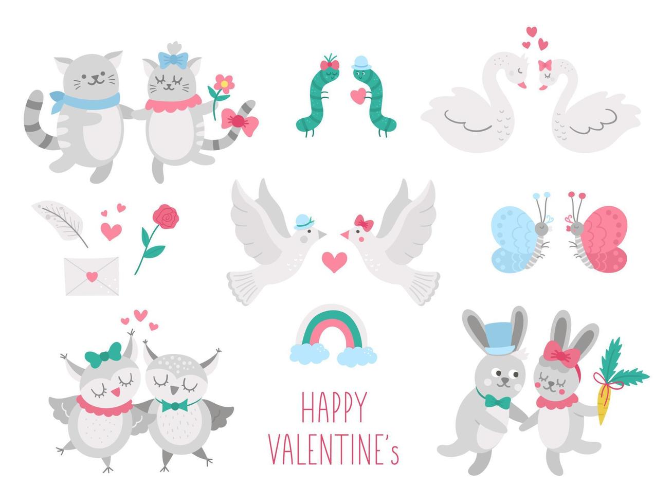 Vector collection of cute animal pairs. Loving couples illustration. Love relationship or family concepts set. Hugging swans, cats, rabbits, owls, doves, caterpillars. Valentines day characters pack.