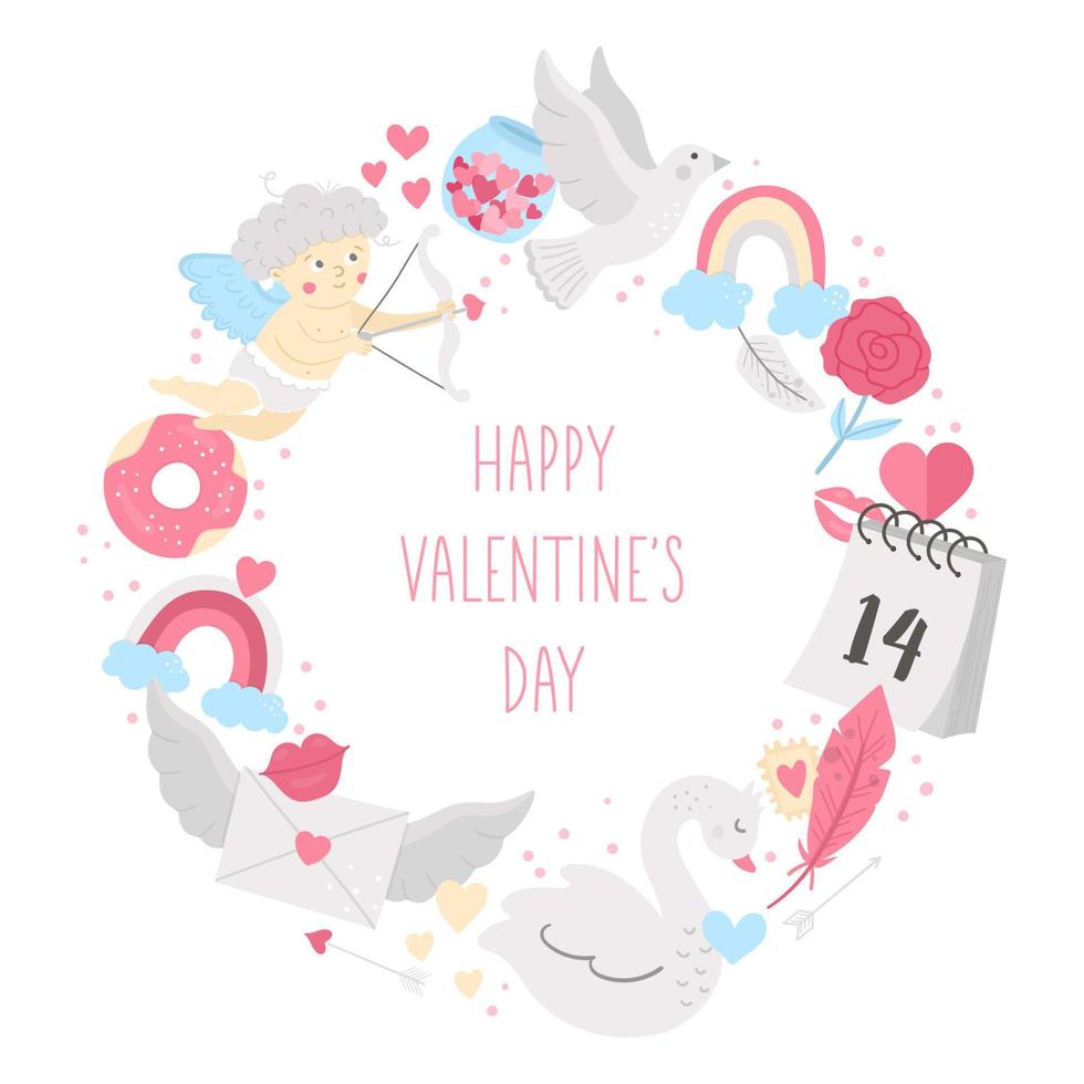 Vector round frame with Saint Valentines day elements. Love concept wreath. Design for banners, posters, invitations. Cute romantic February holiday card template with cupid, swan, dove.
