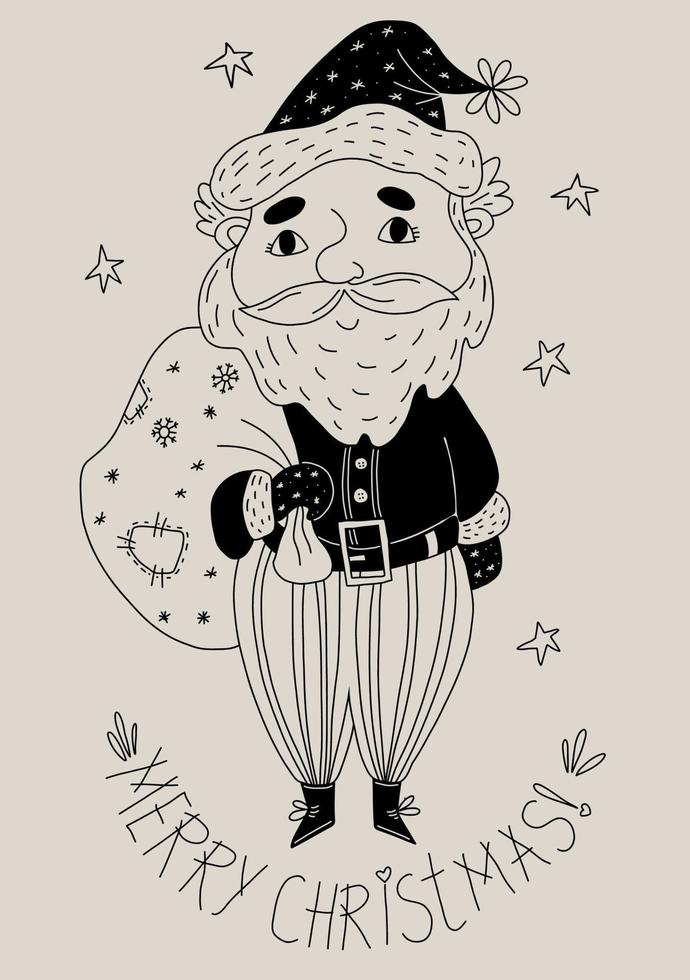 Merry Christmas postcard. Cute Santa Claus with bag of gifts and stars. Vertical vector illustration. Linear hand drawing of character, outline for New Year design and decor,