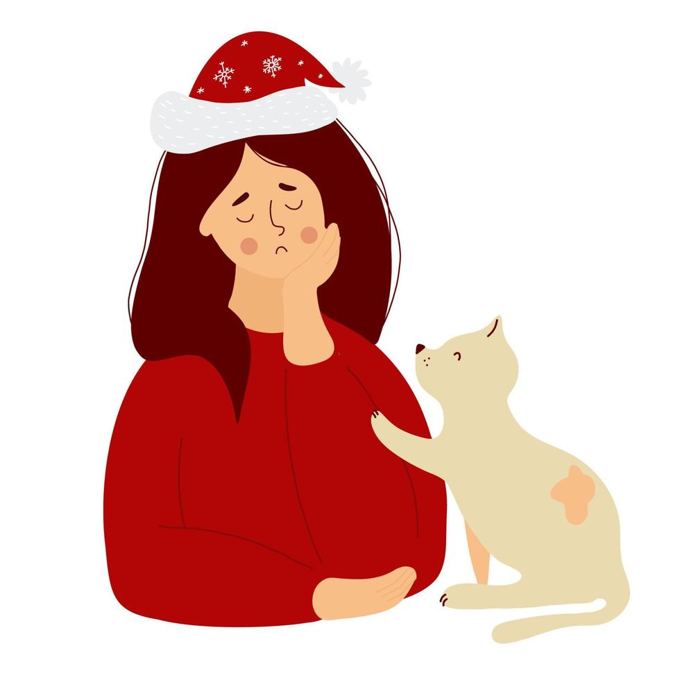 niña triste con sombrero de santa con gato. ilustración vectorial. Personaje para el diseño de vacaciones navideñas emocionales y solitarias. vector