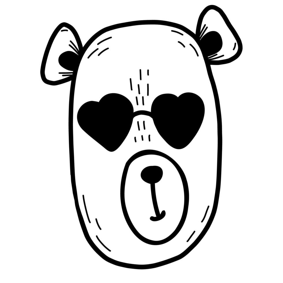Bear in glasses with hearts. Vector illustration. linear hand doodle