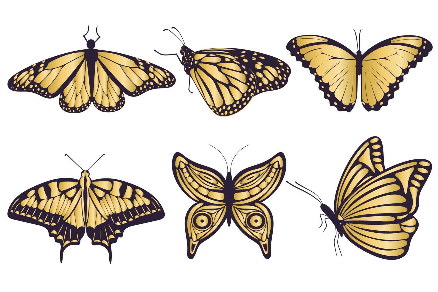 Gold butterflies set isolated vector illustration