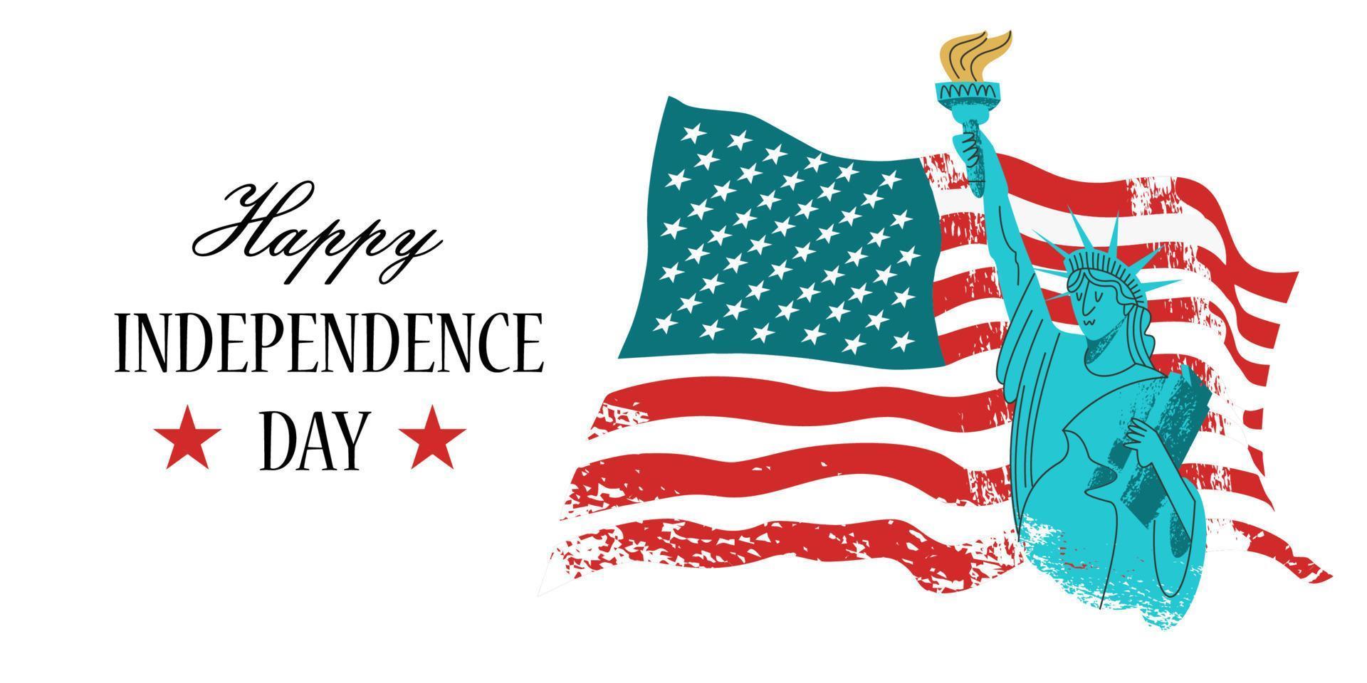 4 de julio día de la independencia. cartel de vector, tarjeta de felicitación. estatua de la libertad con una antorcha en la mano en el fondo de la bandera estadounidense. vector