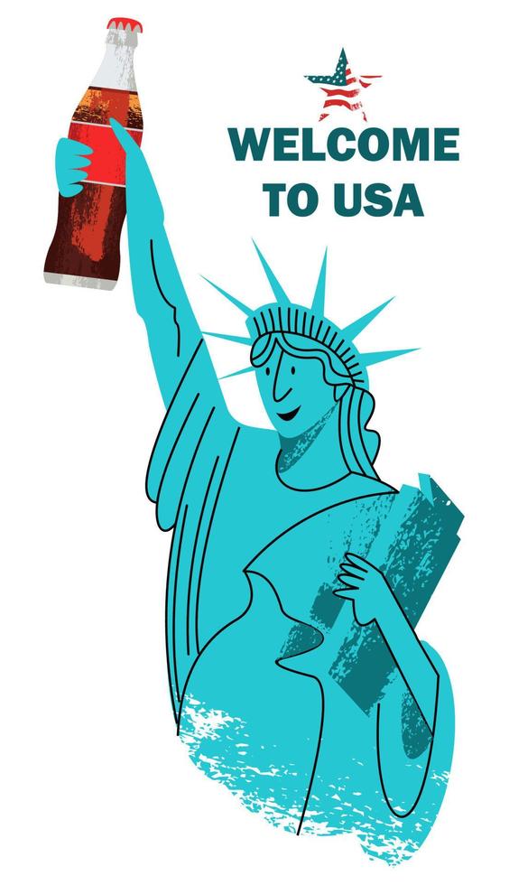 Bienvenido a los Estados Unidos. ilustración vectorial. una alegre estatua de la libertad sostiene una cola en su mano. vector