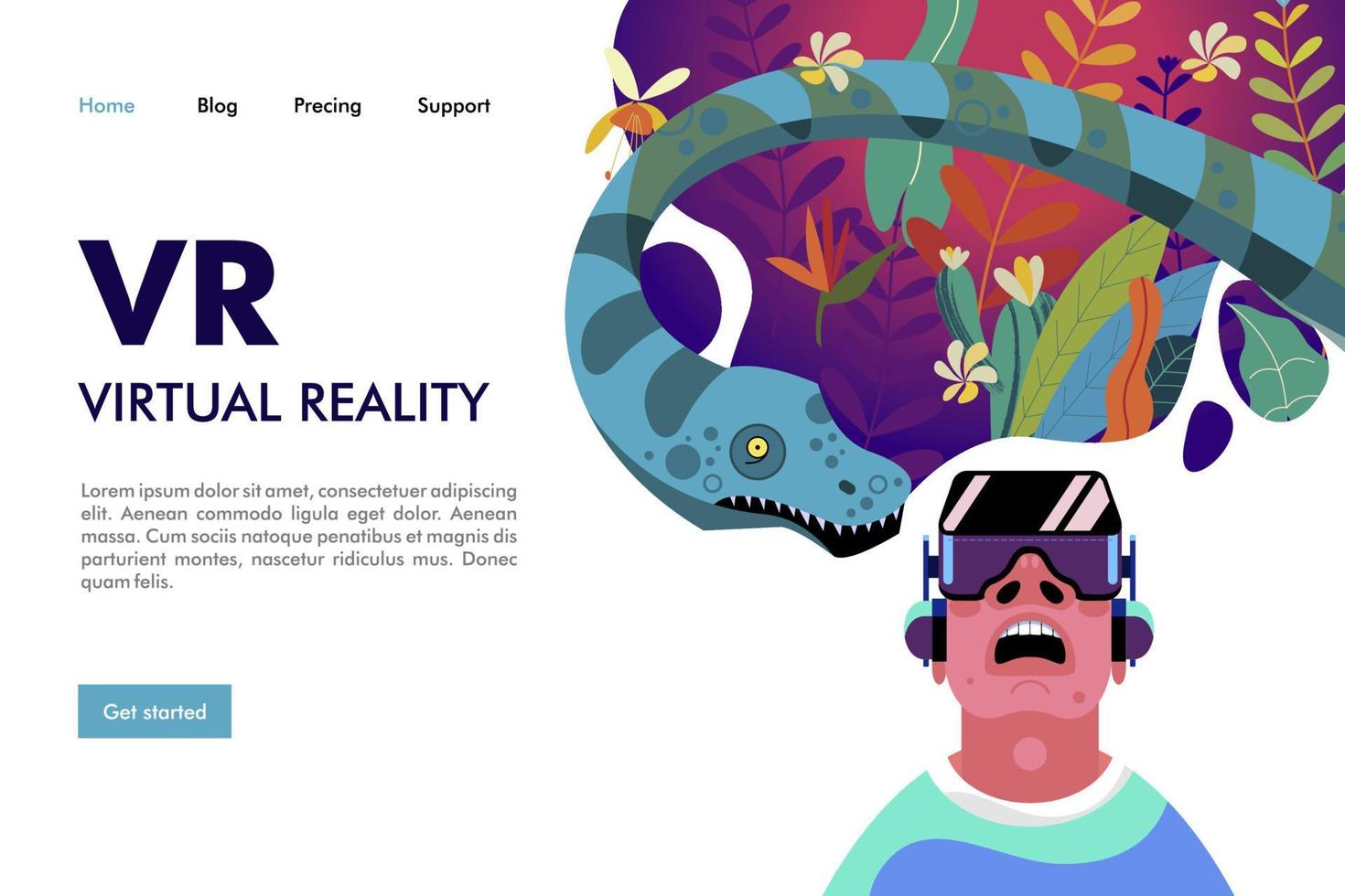 Virtual reality. The man with the glasses of virtual reality in the jungle of the Mesozoic period among the dinosaurs and tropical plants. vector