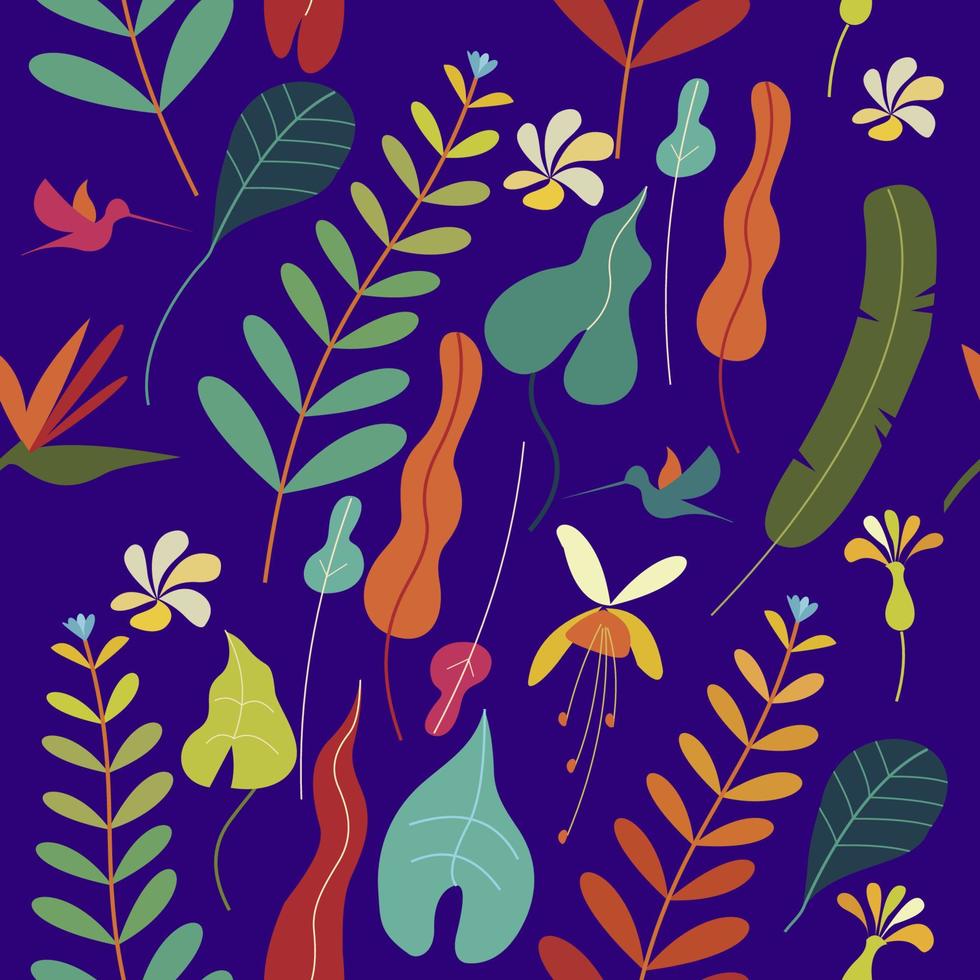 Seamless colorful pattern. Tropical leaves and flowers. On a purple background. Vector illustration.