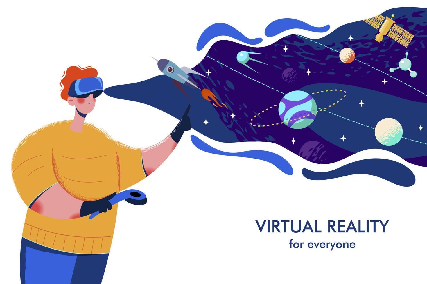 un hombre con gafas de realidad virtual. aventuras en el espacio exterior. ilustración vectorial. vector