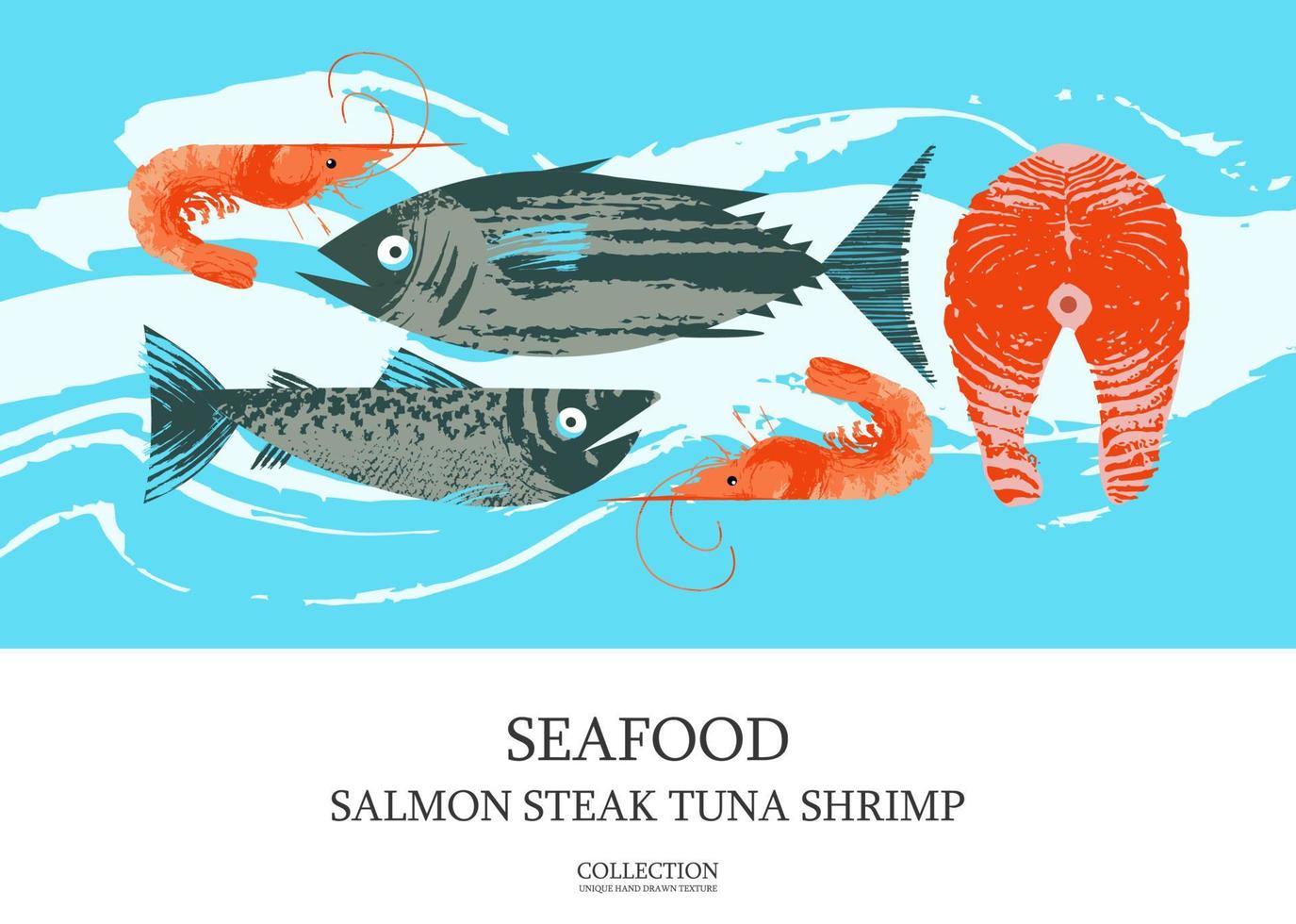 Seafood. Fish. Colorful vector illustration, a collection of images of different fish and shrimp with a unique hand drawn vector texture.