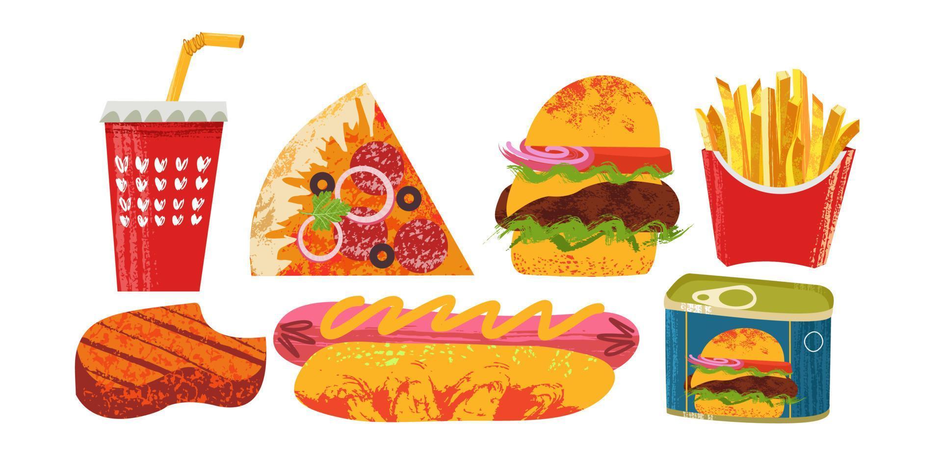 Collection of fast food. Vector illustration on white background. With unique hand drawn vector textures.